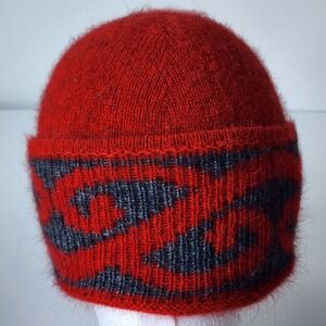 Knit Beanie Hat Red Gray Celtic Swirl Pattern Wool Angora 
Blend Soft Winter
